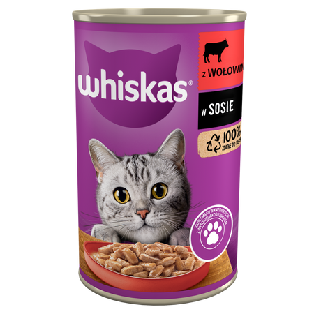 WHISKAS Υγρή τροφή για γάτες 1+ με μοσχάρι σε σάλτσα 12x400g